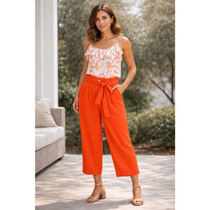 Bar III High-Waisted Orange Belted Wide-Leg Cropped Pants | Size 12